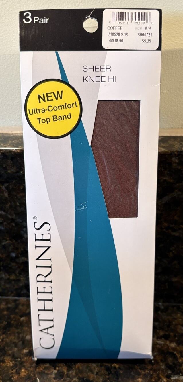 Catherines Sheer Stockings Knee Hi Sandalfoot Coffee Size A/B 3 Pair